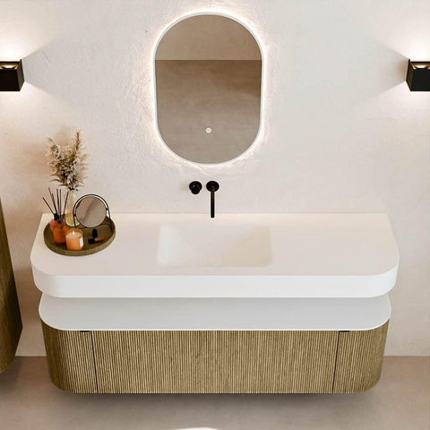 MONDIAZ THOR 160cm meuble de salle de bains arrondi gauche + droite couleur Dusk avec 1 tiroir et 2 portes. Vasque suspendue CLOUD Milieu sans trou de robinet couleur Talc. SW1465022