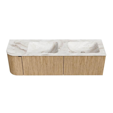 MONDIAZ KURVE-DLUX Meuble de salle de bains 155cm avec module 25 L couleur Oak avec 2 tiroirs et 1 porte. Lavabo LEAF double / à droite 2 trous de robinet couleur Frappe. SW1137426