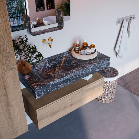 Mondiaz ALAN-DLUX Ensemble de meuble - 100cm - meuble Washed Oak mat - 1 tiroir - Lavabo Cloud Lava suspendu - vasque Gauche - 0 trous de robinet SW809007