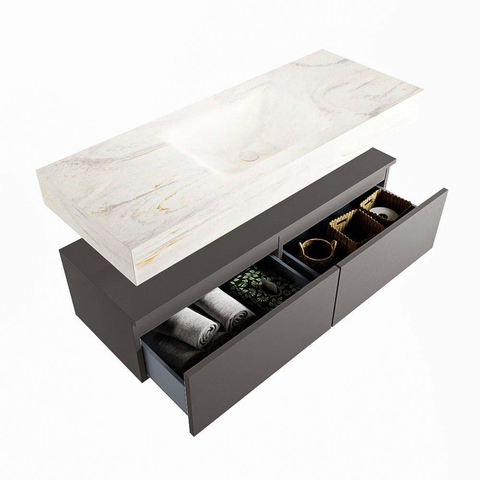 Mondiaz ALAN-DLUX Ensemble de meuble - 120cm - meuble Dark grey mat - 2 tiroirs - Lavabo Cloud Ostra suspendu - vasque Centre - 0 trous de robinet SW807072