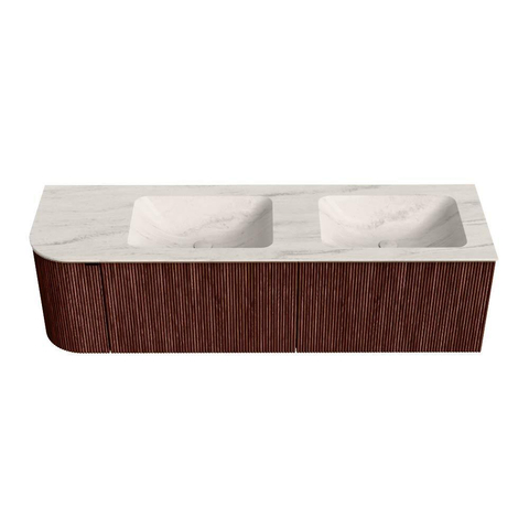 MONDIAZ KURVE-DLUX Meuble de salle de bains 155cm arrondi à gauche couleur Ruby avec 2 tiroirs et 1 porte. Lavabo LEAF Double / Droite 2 trous de robinet Meli. SW1432021