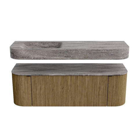 MONDIAZ THOR-DLUX 140cm meuble de salle de bains arrondi gauche + droite couleur Dusk avec 1 tiroir et 2 portes. Vasque suspendue CLOUD Gauche sans trou de robinet couleur Oza. SW1464286