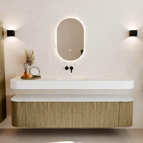 MONDIAZ THOR 190cm meuble de salle de bains arrondi gauche + droite couleur Dusk avec 2 tiroirs et 2 portes. Vasque suspendue CLOUD Milieu sans trou de robinet couleur Talc. SW1466462