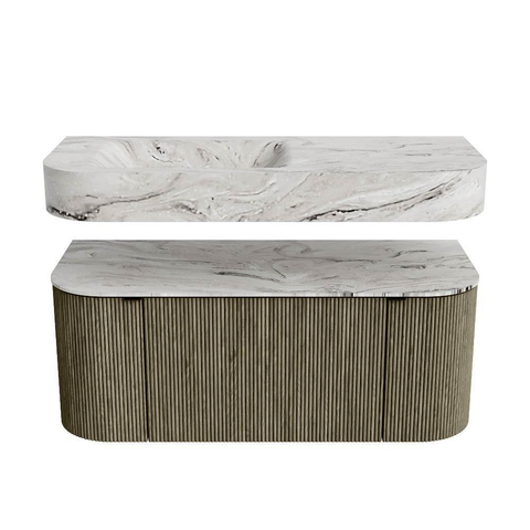 MONDIAZ THOR-DLUX 110cm meuble de salle de bains arrondi gauche + droite couleur Shadow avec 1 tiroir et 2 portes. Vasque suspendue CLOUD Gauche sans trou de robinet couleur Glace. SW1462858