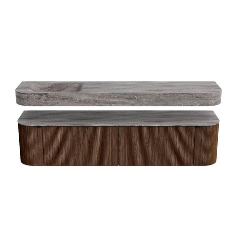 MONDIAZ THOR-DLUX Meuble de salle de bains - 190cm - arrondi gauche + droite - couleur Walnut - 2 tiroirs et 2 portes - Vasque suspendue CLOUD Gauche 1 trou de robinet couleur Oza SW1466802