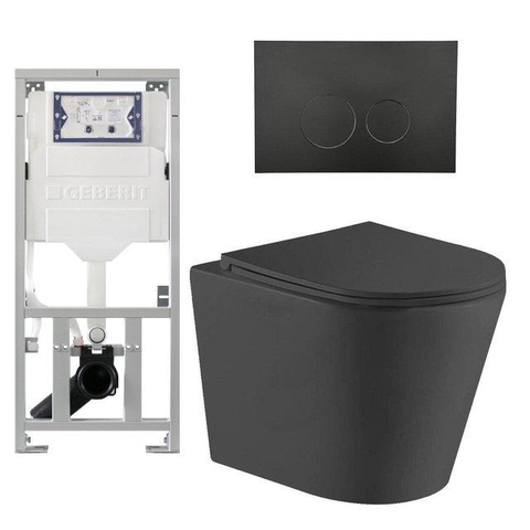 QeramiQ Dely Toiletset - 36.3x51.7cm - diepspoel - rimless - Geberit UP320 inbouwreservoir - met Burda frame - softclose toiletzitting - mat zwarte bedieningsplaat - ronde knoppen - mat zwart SW804616