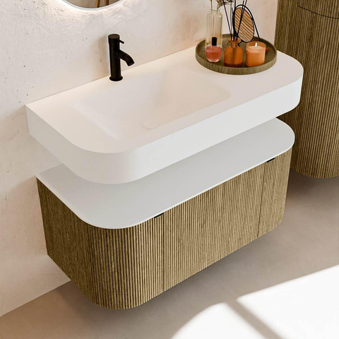 MONDIAZ THOR Meuble de salle de bains 100cm arrondi gauche + droite couleur Dusk avec 1 tiroir et 2 portes. Vasque suspendue CLOUD Gauche 1 trou de robinet couleur Talc. SW1467391