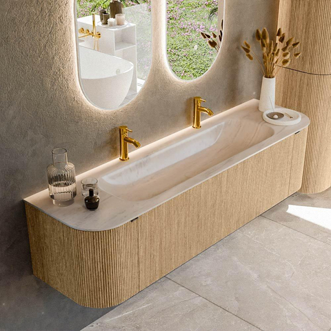 MONDIAZ KURVE-DLUX 170cm badmeubel ronding Links + Rechts kleur Oak met 1 lade en 2 deuren. Wastafel BIG LARGE Midden 2 kraangaten Meli. SW1431635