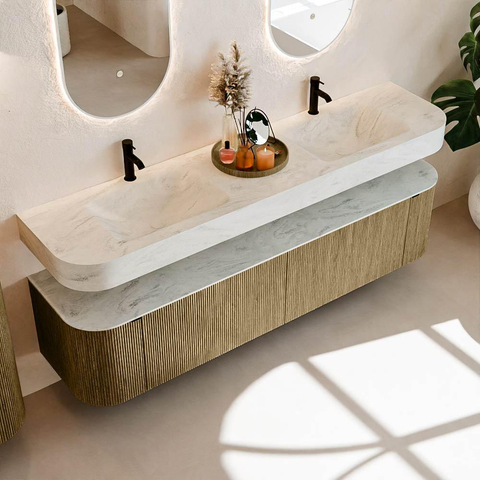 MONDIAZ THOR-DLUX 190cm meuble de salle de bains arrondi gauche + droite couleur Dusk avec 2 tiroirs et 2 portes. Vasque suspendue CLOUD Double 2 trous de robinet couleur Opalo. SW1466473