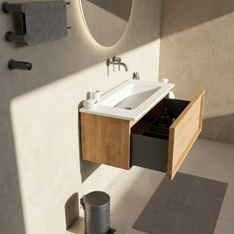 Saniclass Holz Frame Badkamermeubelset - 100x45x57.5cm - Torino solid surface wastafel wit - zonder kraangat - 1 lade - mat eiken natural (hout) SW1478659