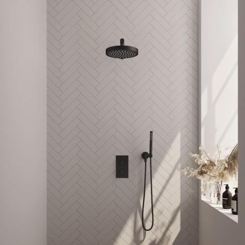 BRAUER Stripe Douche de tête thermostatique encastrable - 3 voies - rectangulaire - SET 13 - pomme de douche 25cm - bras mural droit - douchette sur barre - flexible de douche - coude de raccordement mural - noir mat SW1435141