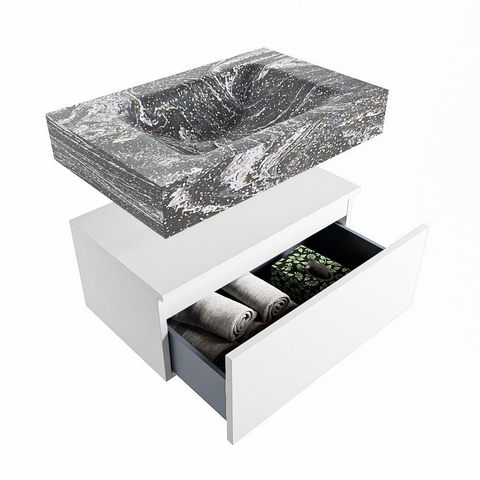 Mondiaz ALAN-DLUX Ensemble de meuble - 70cm - meuble Talc mat - 1 tiroir - Lavabo Cloud Lava suspendu - vasque Centre - 1 trou de robinet SW807887