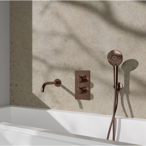 Fortifura Calvi Badkraan set - uitloop - 22cm inkortbaar - metalen slang - ronde handdouche - inbouwdeel - wandhouder - PVD - geborsteld koper SW1244027
