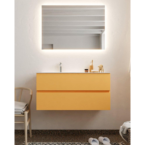 MONDIAZ VICA Ensemble de meuble salle de bain - 100cm - 2 tiroirs - lavabo Moon gauche - 1 trou de robinet - solid surface ocre SW411080