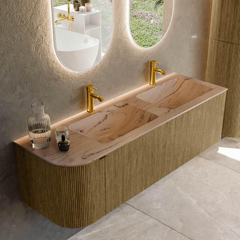 MONDIAZ KURVE-DLUX Meuble de salle de bains 145 cm arrondi à gauche couleur Dusk avec 1 tiroir et 1 porte. Lavabo LEAF Double / Droite 2 trous de robinet Arena. SW1431432