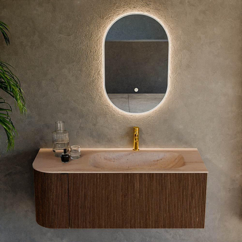 MONDIAZ KURVE-DLUX Meuble de salle de bains 115cm arrondi à gauche couleur Walnut avec 1 tiroir et 1 porte. Lavabo BIG SMALL à droite 1 trou de robinet Saba. SW1433168