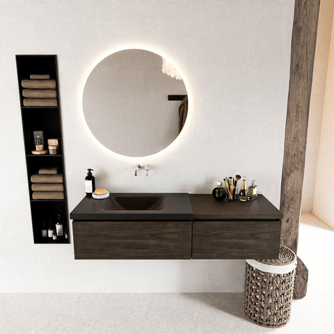 MONDIAZ BUKLA Meuble de salle de bains 140 cm avec module 60 couleur Dark Brown avec 2 tiroirs. Lavabo CLOUD gauche 0 trou de robinet couleur Urban. SW1381996