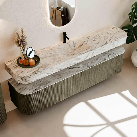 MONDIAZ THOR-DLUX 200cm meuble de salle de bains arrondi gauche + droite couleur Shadow avec 2 tiroirs et 2 portes. Vasque suspendue CLOUD Milieu 1 trou de robinet couleur Glace. SW1467715