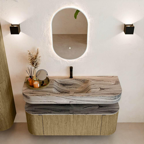 MONDIAZ THOR-DLUX 130cm meuble de salle de bains arrondi gauche + droite couleur Dusk avec 1 tiroir et 2 portes. Vasque suspendue CLOUD Milieu 1 trou de robinet couleur Sombra. SW1464085