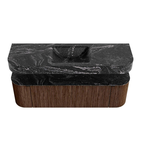 MONDIAZ THOR-DLUX 150cm badmeubel ronding links + rechts kleur Walnut met 1 lade en 2 deuren. Vrijhangende wastafel CLOUD Midden 1 kraangat kleur Lava. SW1464647