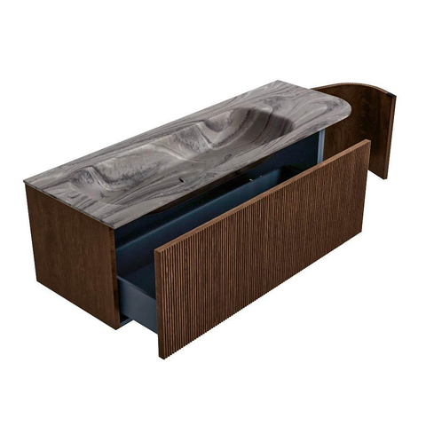 MONDIAZ KURVE-DLUX 135cm badmeubel ronding Rechts kleur Walnut met 1 lade en 1 deur. Wastafel BIG MEDIUM Links zonder kraangat Sombra. SW1434057
