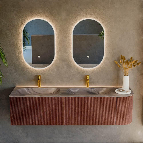 MONDIAZ KURVE-DLUX 165cm badmeubel ronding Rechts kleur Ruby met 2 lades en 1 deur. Wastafel STOR SMALL Dubbel / Links 2 kraangaten Sombra. SW1434001