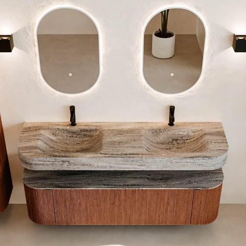 MONDIAZ THOR-DLUX 160cm meuble de salle de bains arrondi gauche + droite couleur Ruby avec 1 tiroir et 2 portes. Vasque suspendue CLOUD Double 2 trous de robinet couleur Oza. SW1465320