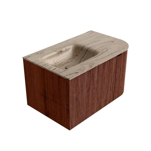 MONDIAZ KURVE-DLUX Meuble de salle de bains 75cm arrondi à droite couleur Ruby avec 1 tiroir et 1 porte. Lavabo GRUNNE à gauche 1 trou de robinet Arena. SW1431458