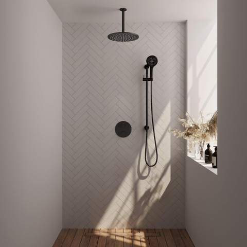BRAUER Black Carving douche de pluie encastrée thermostatique - 3 voies - ronde - set 96 - pomme de douche 30cm - bras de plafond - douchette 3 jets - flexible de douche - barre de douche intégrée - noir mat SW1159242