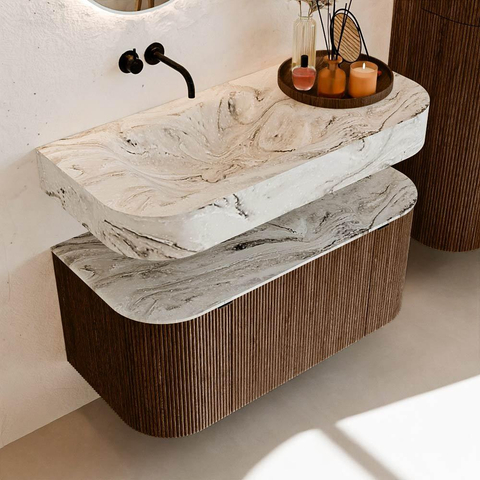 MONDIAZ THOR-DLUX 100cm meuble de salle de bains arrondi gauche + droite couleur Walnut avec 1 tiroir et 2 portes. Vasque suspendue CLOUD Gauche sans trou de robinet couleur Glace. SW1467335