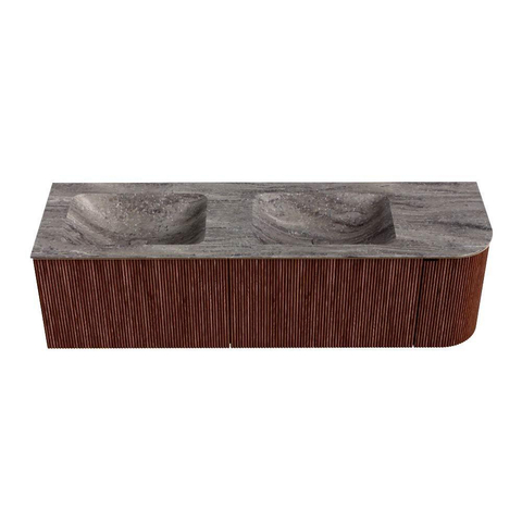 MONDIAZ KURVE-DLUX 155cm badmeubel ronding Rechts kleur Ruby met 2 lades en 1 deur. Wastafel LEAF Dubbel / Links zonder kraangat Oza. SW1432834