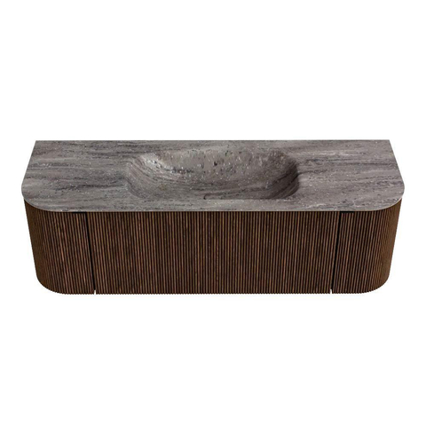 MONDIAZ KURVE-DLUX 140cm badmeubel ronding Links + Rechts kleur Walnut met 1 lade en 2 deuren. Wastafel BIG SMALL Midden zonder kraangat Oza. SW1432730