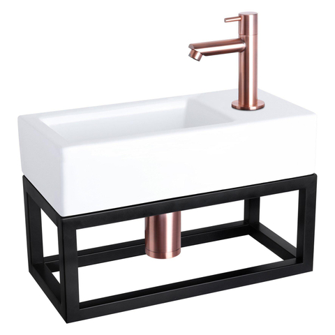 Differnz Ravo pack lave-mains – 38,5 x 18,5 x 25 cm – céramique blanc brillant – robinet droit cuivre – avec cadre noir SW373185