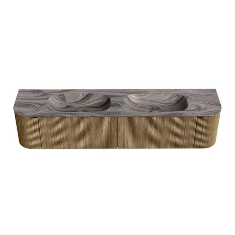 MONDIAZ KURVE-DLUX Meuble de salle de bains 200cm arrondi Gauche + Droite couleur Dusk avec 2 tiroirs et 2 portes. Lavabo STOR SMALL Double sans trou de robinet Sombra. SW1433907