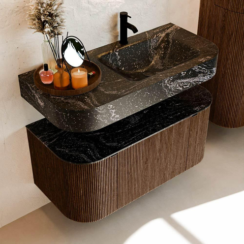 MONDIAZ THOR-DLUX 100cm meuble de salle de bains arrondi gauche + droite couleur Walnut avec 1 tiroir et 2 portes. Vasque suspendue CLOUD Droite 1 trou de robinet couleur Lava. SW1467368