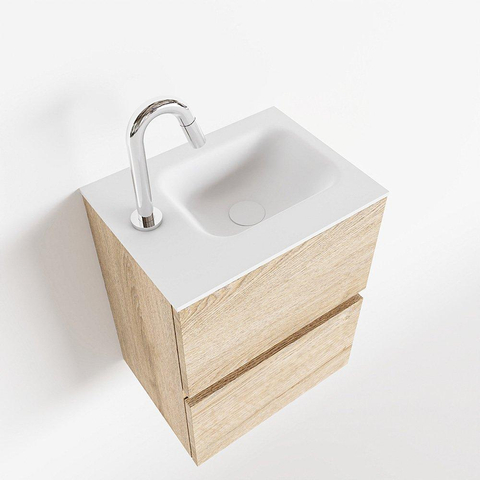 MONDIAZ ADA Meuble de toilettes - 40x30x50cm - 1 trou de robinet - 2 tiroirs - chêne blanchi mat - vasque à gauche - Solid surface - Blanc SW472757