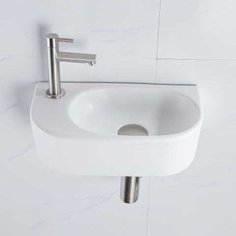 QeramiQ Fuente fonteinset – halfrond – 40x21.5x12 cm – keramiek wit mat – kraangat links – kraan geborsteld RVS SW1232810
