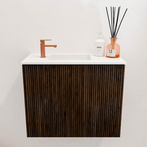 Mondiaz JOYA 50cm meuble de salle de bains - couleur Walnut - Vasque FAYE position Gauche 1 trou de robinet couleur Talc. SW1421228