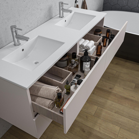 Saniclass Chaci Meuble de salle de bain - 140x45x55cm - lavabo en céramique brillant blanc - 2 vasques - 2 trous de robinet - 4 tiroirs - mat cotton SW1182426