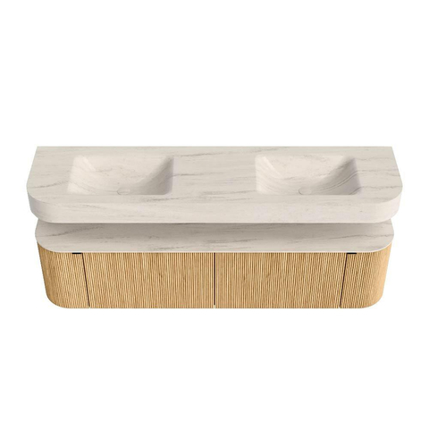 MONDIAZ THOR-DLUX 180cm meuble de salle de bains arrondi gauche + droite couleur Oak avec 2 tiroirs et 2 portes. Vasque suspendue CLOUD Double 2 trous de robinet couleur Meli. SW1466153