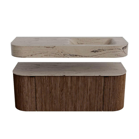 MONDIAZ THOR-DLUX 120cm meuble de salle de bains arrondi gauche + droite couleur Walnut avec 1 tiroir et 2 portes. Vasque suspendue CLOUD Droite 1 trou de robinet couleur Arena. SW1463394