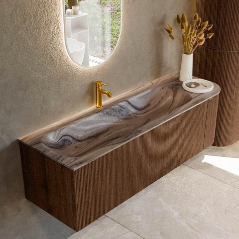 MONDIAZ KURVE-DLUX Meuble de salle de bains 145cm arrondi à droite couleur Walnut avec 1 tiroir et 1 porte. Lavabo BIG LARGE à gauche 1 trou de robinet Sombra. SW1433681