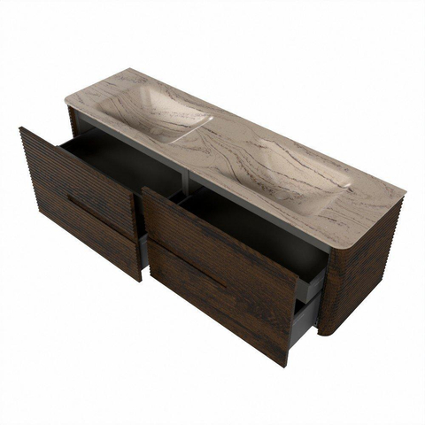 Mondiaz CIRO-DLUX Badkamermeubelset - 160x45x50cm - Solid surface wastafel Arena - 2 wasbak Dubbel - 2 kraangaten - 4 lades - Walnut SW1530454