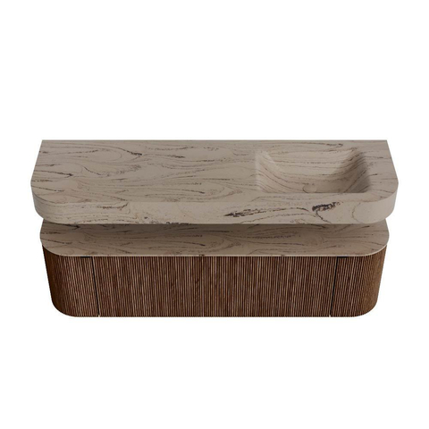 MONDIAZ THOR-DLUX 160cm badmeubel ronding links + rechts kleur Walnut met 1 lade en 2 deuren. Vrijhangende wastafel CLOUD Rechts zonder kraangat kleur Arena. SW1465115