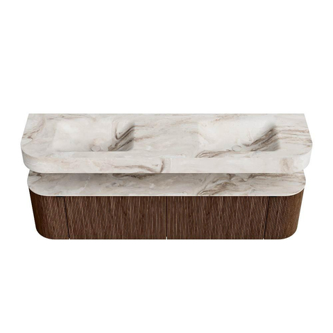 MONDIAZ THOR-DLUX 180cm badmeubel ronding links + rechts kleur Walnut met 2 lades en 2 deuren. Vrijhangende wastafel CLOUD Dubbel zonder kraangat kleur Frappe. SW1448788