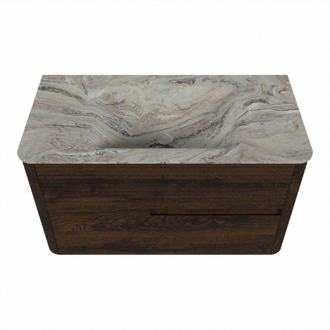 Mondiaz CIRO-DLUX Badkamermeubelset - 90x45x50cm - Solid surface wastafel Glace - 1 wasbak Midden - zonder kraangaten - 2 lades - Walnut SW1530259
