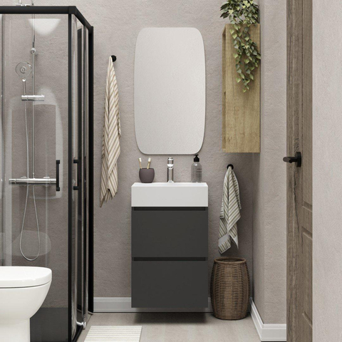 Xellanz Mini meuble bas avec 2 tiroirs noir mat et lavabo céramique blanc brillant 45 cm incluant miroir SW916916