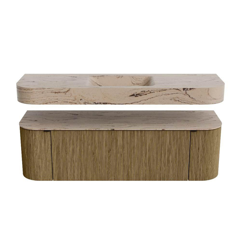 MONDIAZ THOR-DLUX 150cm meuble de salle de bains arrondi gauche + droite couleur Dusk avec 1 tiroir et 2 portes. Vasque suspendue CLOUD centrale sans trou de robinet couleur Arena. SW1464735