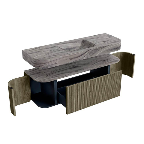 MONDIAZ THOR-DLUX 140cm badmeubel ronding links + rechts kleur Shadow met 1 lade en 2 deuren. Vrijhangende wastafel CLOUD Midden zonder kraangat kleur Sombra. SW1464225
