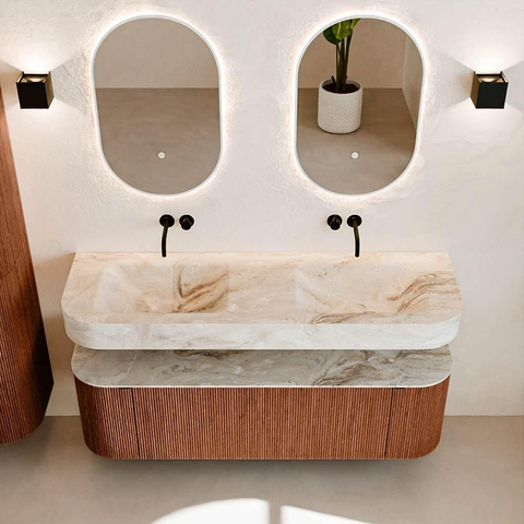 MONDIAZ THOR-DLUX 150cm badmeubel ronding links + rechts kleur Ruby met 1 lade en 2 deuren. Vrijhangende wastafel CLOUD Dubbel zonder kraangat kleur Frappe. SW1464525